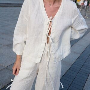 Cream Linen Tie-Front Top